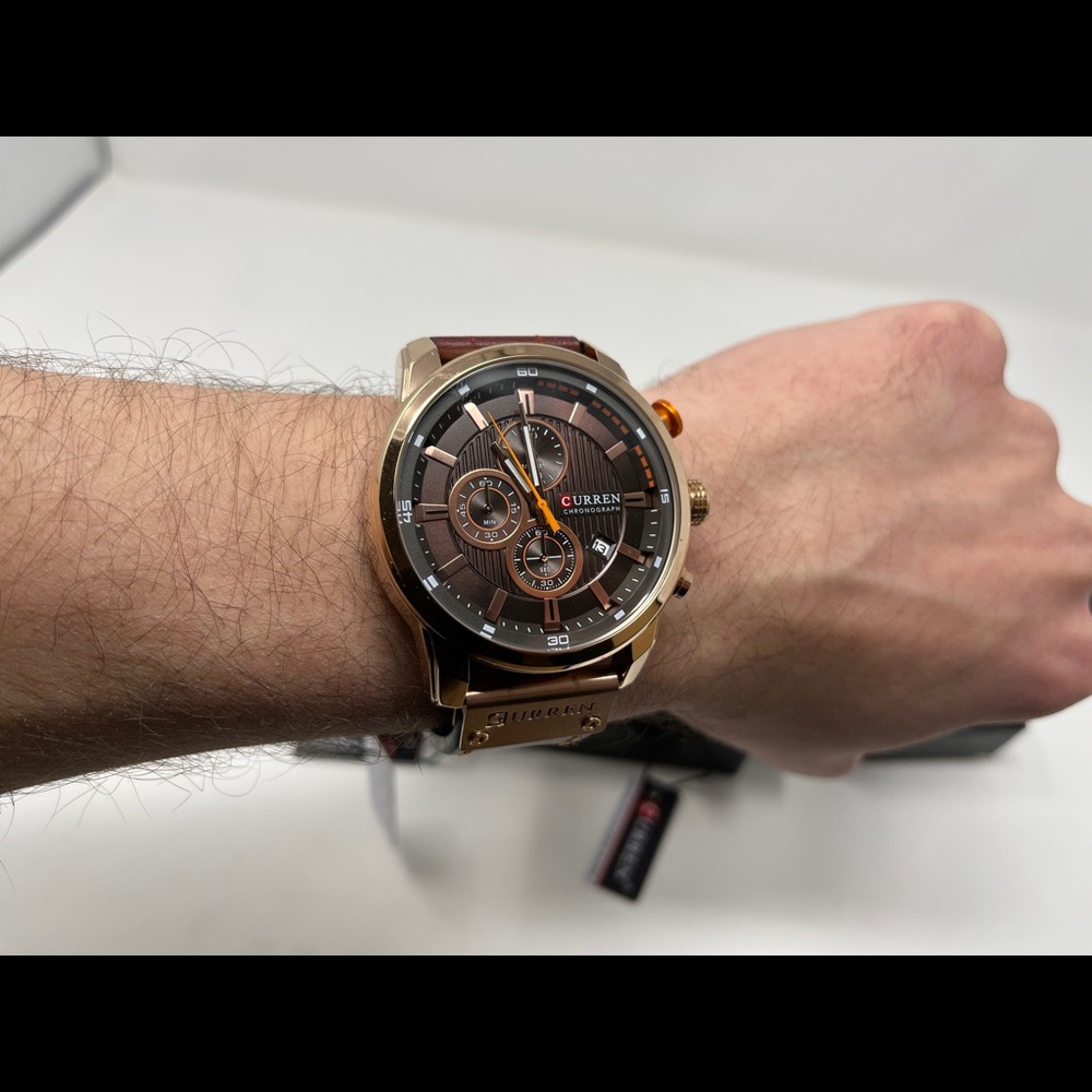 Mens watch leather dress watch coffee rose gold chrono quartz waterproof